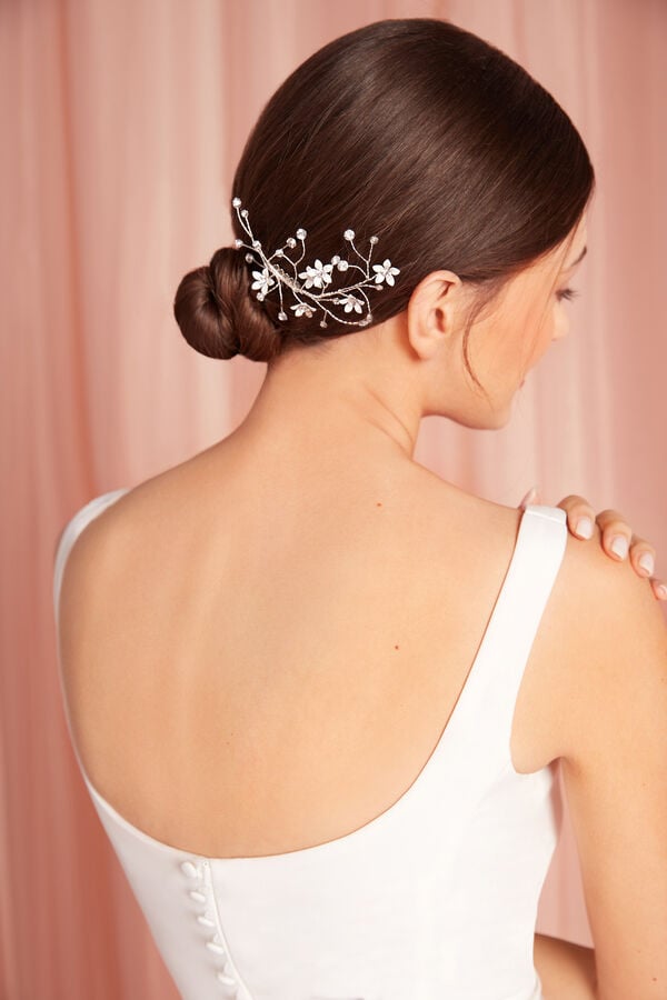 Comb with flower strass argento/avorio