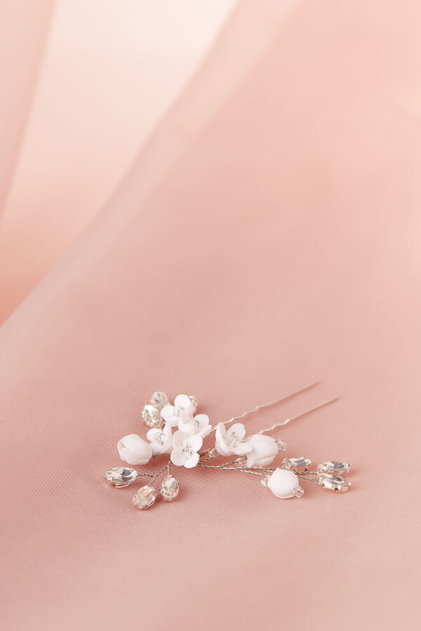 Hair pin with flowers and strass argento/avorio