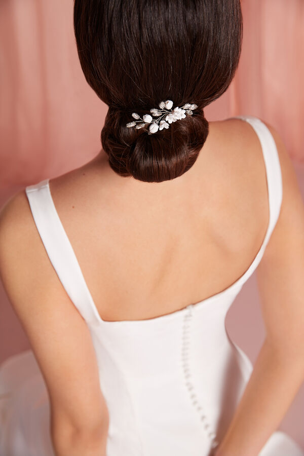 Hair pin with flowers and strass argento/avorio